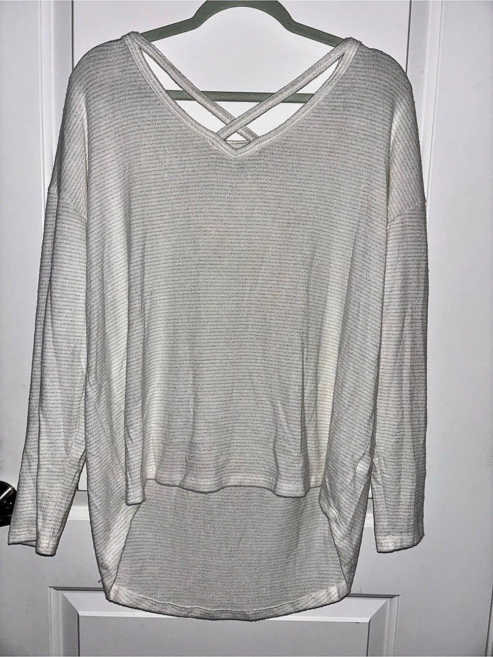 a new day Long Sleeve Oversized Crisscross Neck Sweater in White/Gray with Shimm